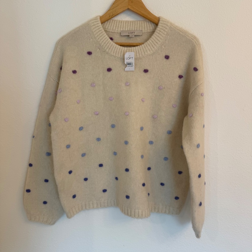 LOFT Sweater Women Large Cream Purple Blue Pom Pom Polka Dot Crew Neck NWT